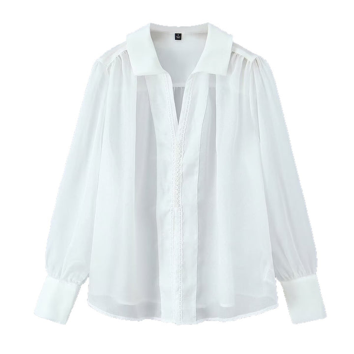 Damen Transparente Chiffon-Bluse mit Spitzenbesatz, Ballonärmeln und breiten Manschetten Echo Archiv