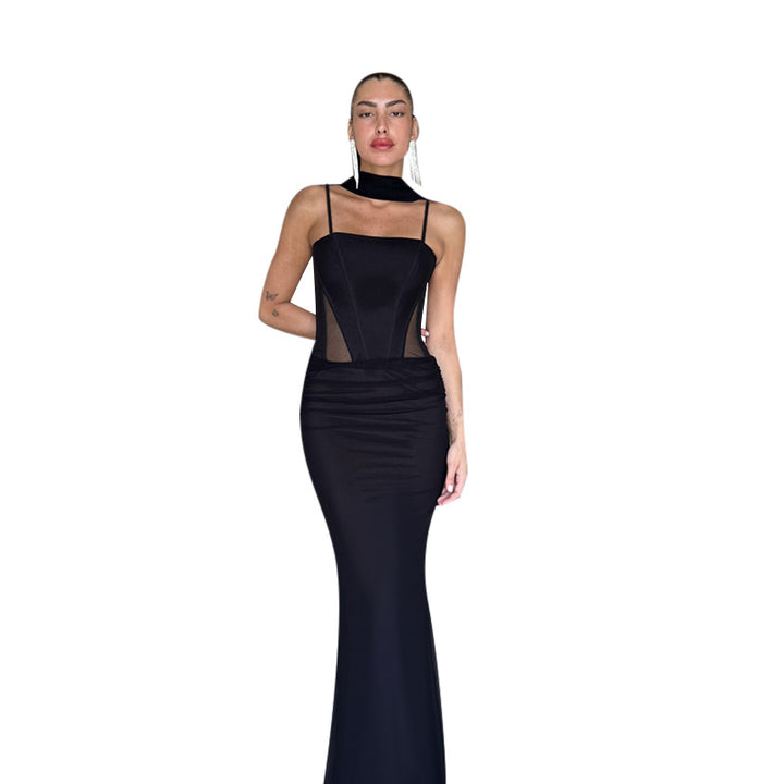 Damen elegantes figurbetontes Maxikleid mit transparenten Einsätzen und stylishem Stehkragen Echo Archiv