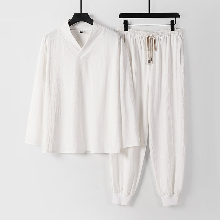 Herren Leichtes Kimono-Loungewear-Set aus Baumwollmix mit V‑Ausschnitt und elastischer Bündchenhose Echoarchiv