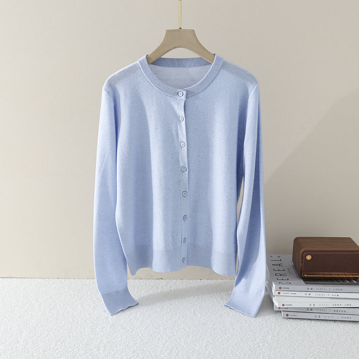 Damen Feiner Rundhals-Cardigan aus leichtem Feinstrick mit Perlmuttknopfleiste und dezentem Glitzereffekt Echo Archiv