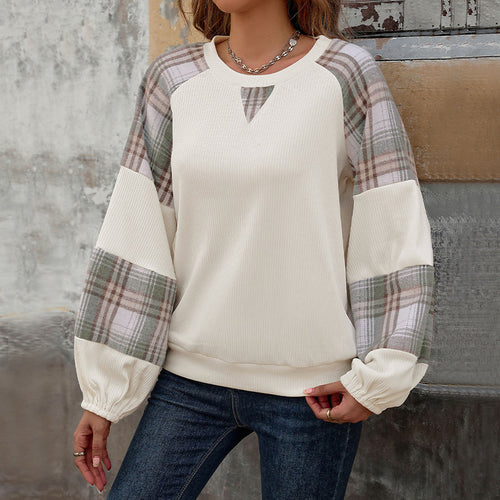 Damen Legeres Raglan-Sweatshirt mit karierten Ballonärmeln, Keyhole-Ausschnitt & gerafften Bündchen Echoarchiv