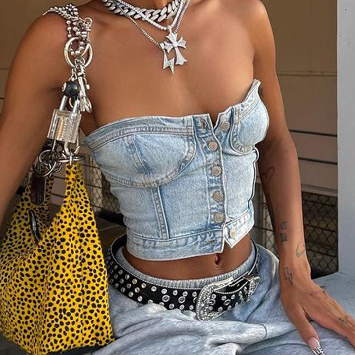 Damen Denim-Crop-Top mit gestricktem Überwurf Echo Archiv