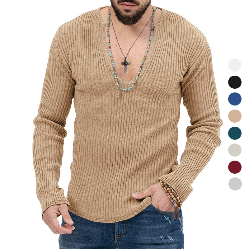 Herren lässiger Ripp-Pullover mit tiefem V-Ausschnitt und feiner Struktur Echoarchiv