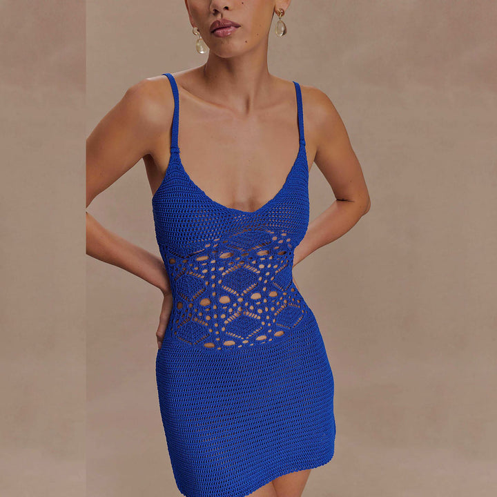 Damen gehäkeltes Mini-Strandkleid mit verführerischem V-Ausschnitt Echo Archiv