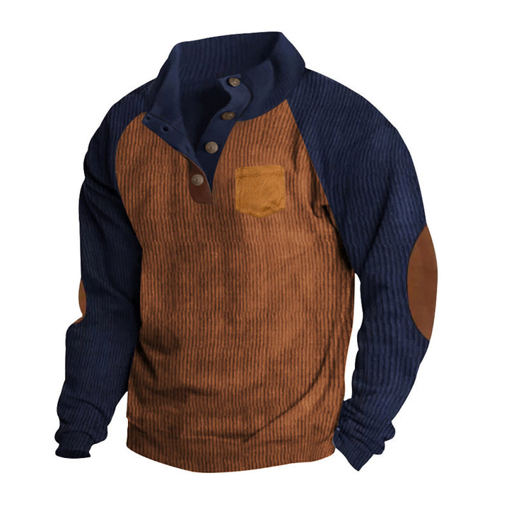 Herren Geripptes Henley‑Pullover mit Raglanärmeln, Ellenbogen‑Patches & Brusttasche – Cavarno