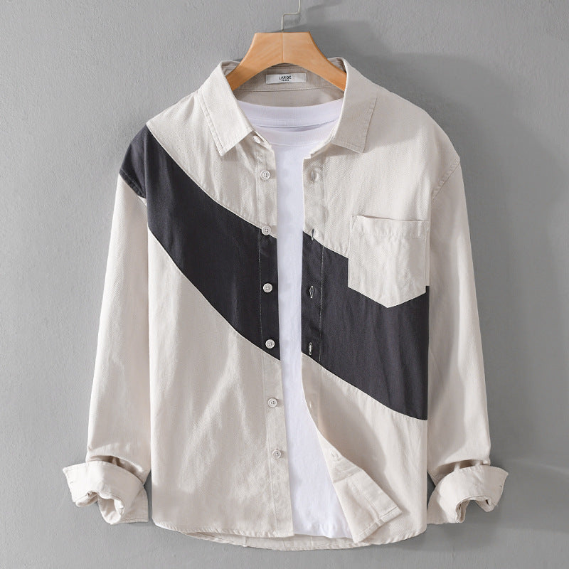 Herren Baumwoll-Overshirt mit diagonalem Colorblock, Kentkragen und Brusttasche Echoarchiv