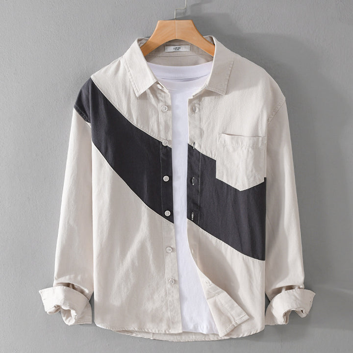 Herren Baumwoll-Overshirt mit diagonalem Colorblock, Kentkragen und Brusttasche Echoarchiv
