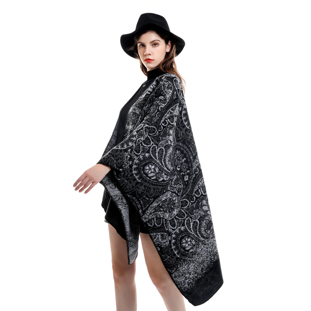 Damen Paisley-Jacquard-Capeponcho aus Wollmix mit Zierkettelnaht – Montévia