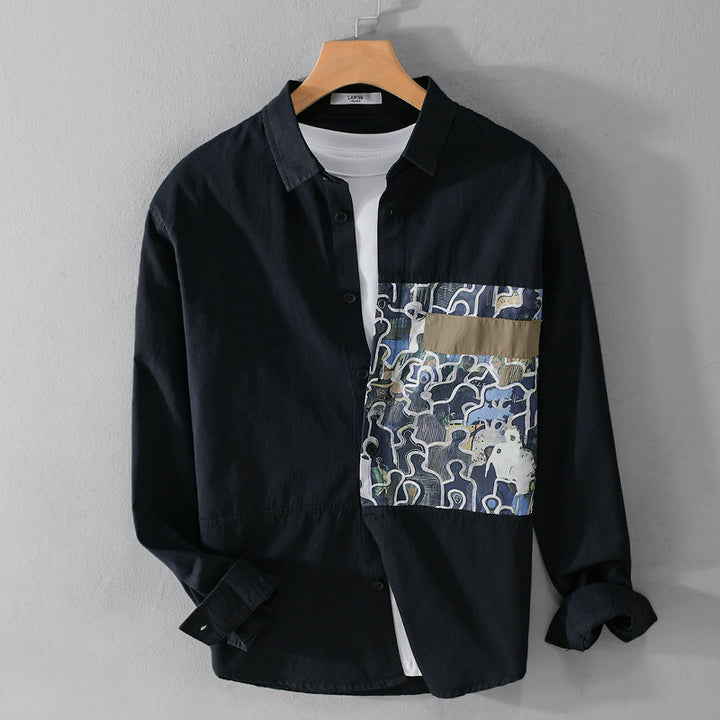 Herren Baumwollhemd mit großem Kunst-Print-Brustpatch und Kentkragen Echoarchiv