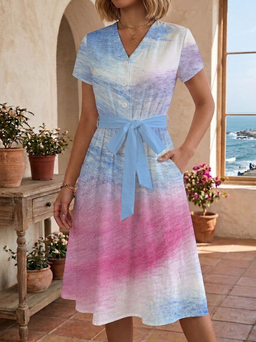 Damen Sommerliches Kleid mit taillierbarem Bindegürtel und floralem Muster Echo Archiv