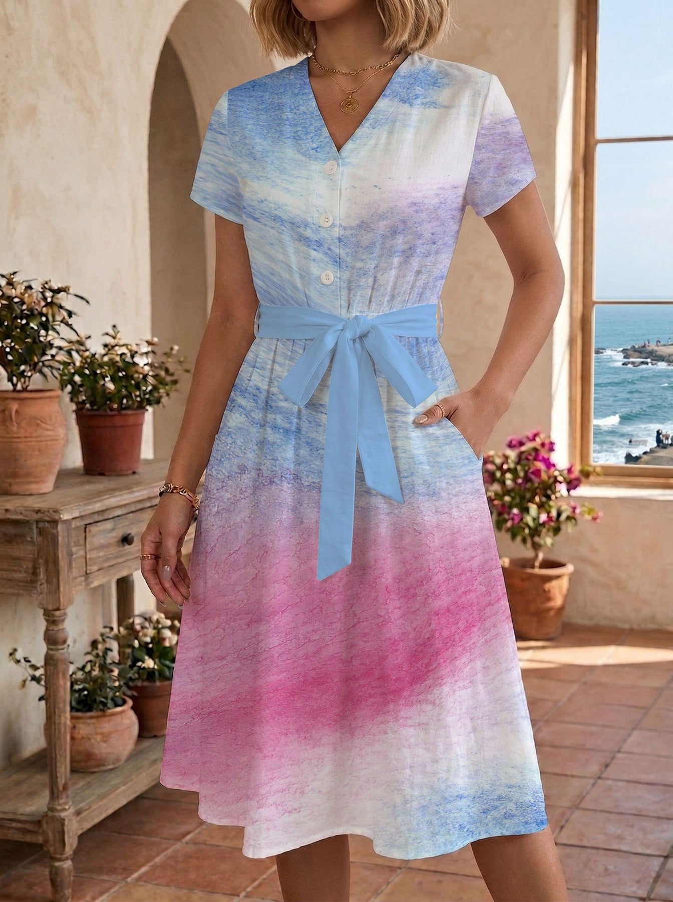 Damen Sommerliches Kleid mit taillierbarem Bindegürtel und floralem Muster Echo Archiv