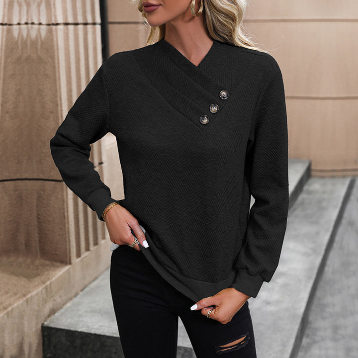 Damen Strukturierter V-Ausschnitt-Pullover mit diagonaler Zierknopfleiste und taillierter Passform Echoarchiv