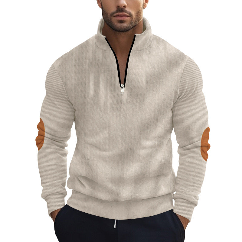 Herren nan strukturierter Baumwoll-Strickpullover mit halbem Reißverschluss und Ellenbogenbesatz Echo Archiv