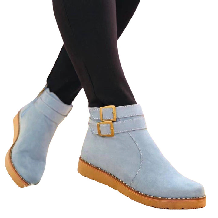 Damen Knöchelstiefel aus Veloursimitat mit Doppelriemen und flacher Keilsohle Echo Archiv