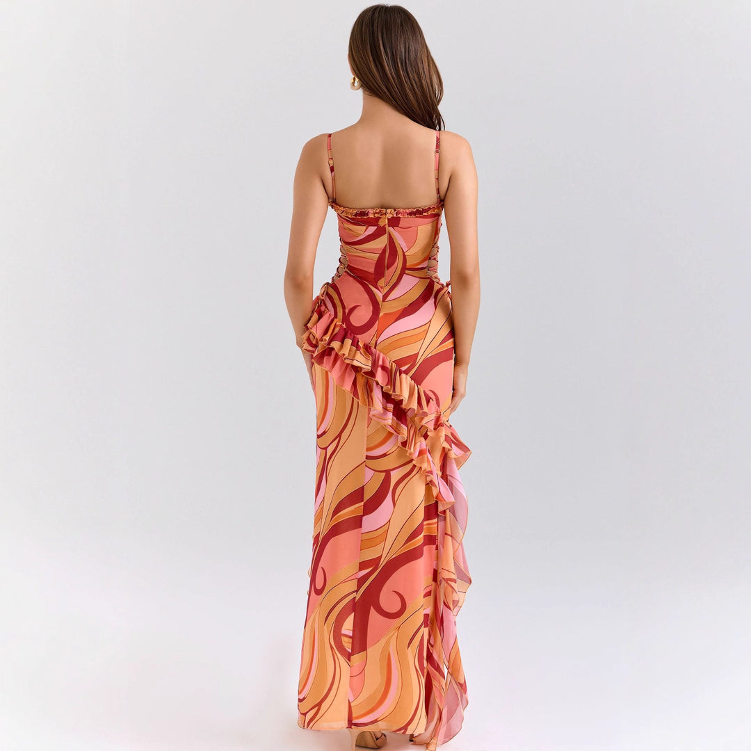 Damen Maxi-Kleid mit Rüschendetails und fließendem Muster Echo Archiv