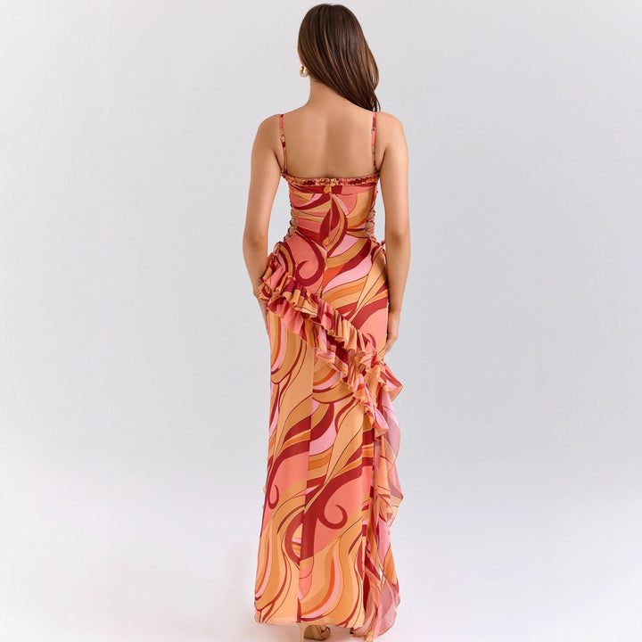 Damen Maxi-Kleid mit Rüschendetails und fließendem Muster Echo Archiv