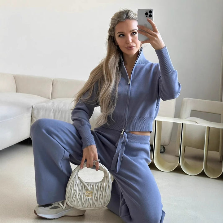 Damen gestricktes Lounge-Set mit kurzem Reißverschluss-Cardigan und weitem High-Waist-Jogginghose – Élanora