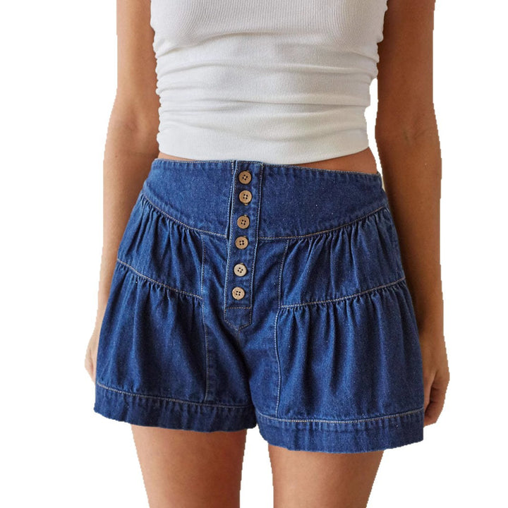 Damen Modische Denim-Shorts mit Rüschen und Knopfdetails Echo Archiv