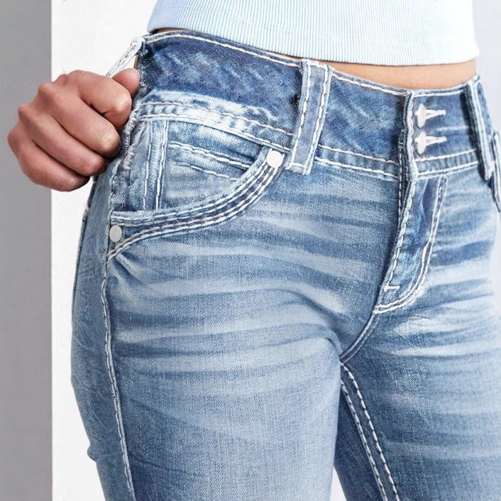 Damen enge High-Waist Skinny-Jeans mit sichtbarer Kontrastnaht Echo Archiv