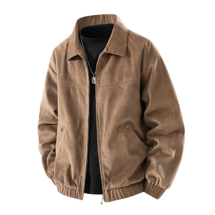 Leichte Harrington-Jacke für Herren im Wildleder-Look mit Hemdkragen, durchgehendem Reißverschluss und elastischem Saum – Taviero