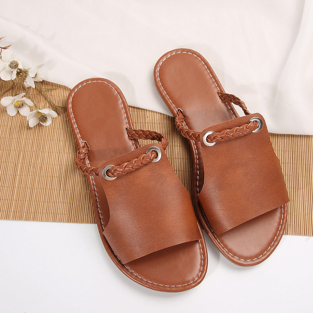 Damen nan elegante flache Pantolette mit breitem Obermaterial und geflochtenem Zehenriemen Echo Archiv