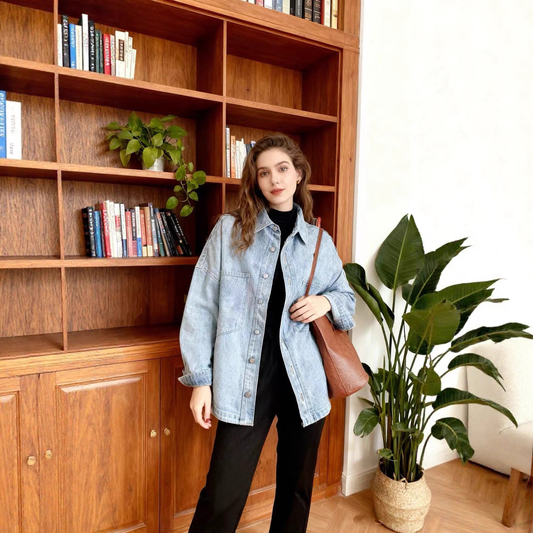 Damen oversized Jeanshemd mit aufgesetzten Brusttaschen, leichter Baumwoll-Denim und abgerundetem Saum – Célinea