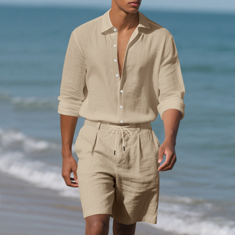 Herren lässiges Leinenhemd mit modischem Henley-Kragen und praktischen Brusttaschen Echoarchiv