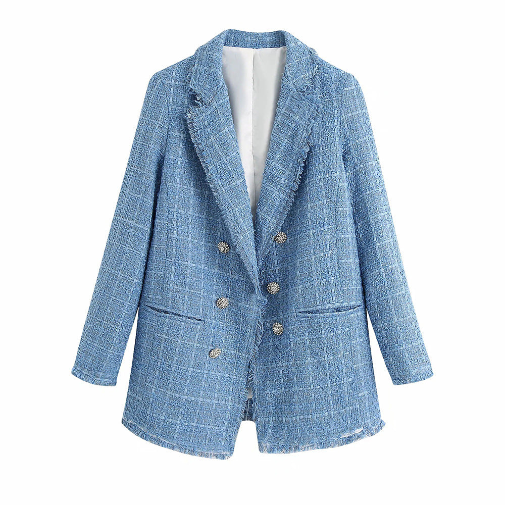 Damen Doppelreihiger Bouclé-Tweed-Blazer mit Fransenbesatz Echoarchiv