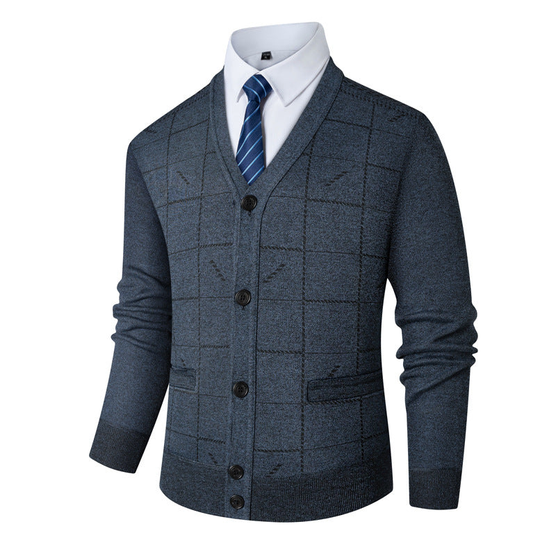 Herren V-Ausschnitt Strickjacke mit modernen Karomuster Echoarchiv