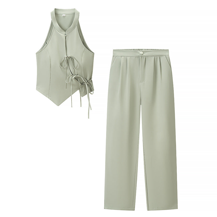 Damen Zweiteiliges tailliertes Weste- und weites Hosen-Set mit Schnürdetail Echoarchiv