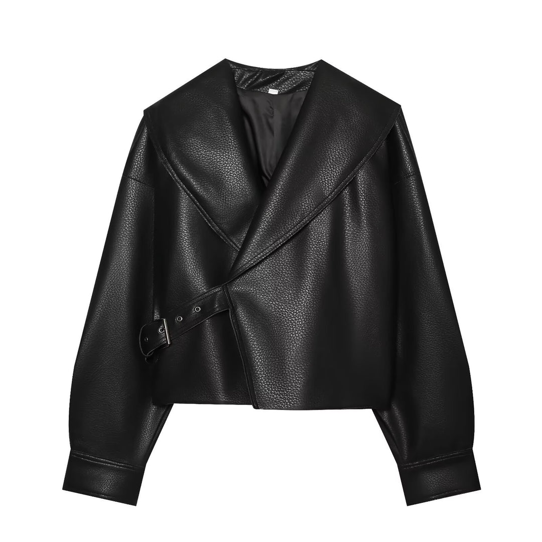 Damen Cropped Lederoptik-Blouson mit übergroßem Schalkragen und asymmetrischem Taillengürtel Echo Archiv