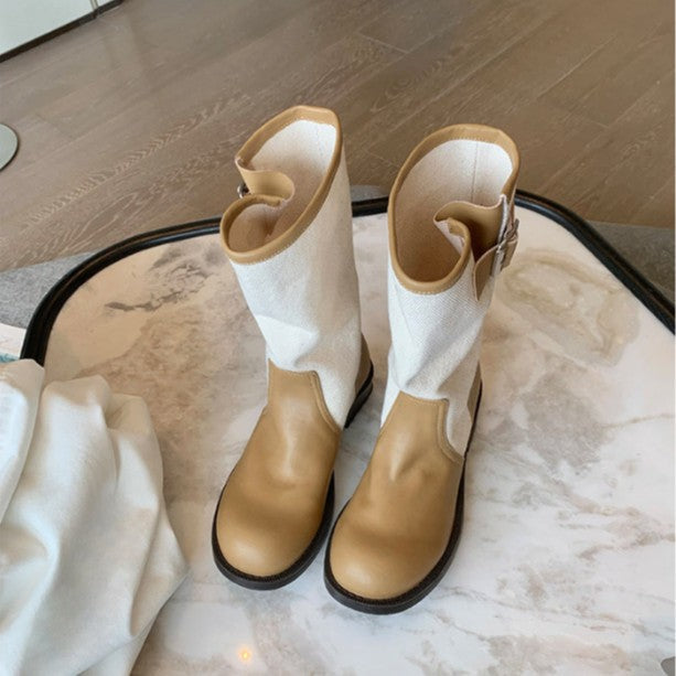 Damen Leder-Leinen Mid-Calf Stiefel mit Schnallenriemen Echo Archiv