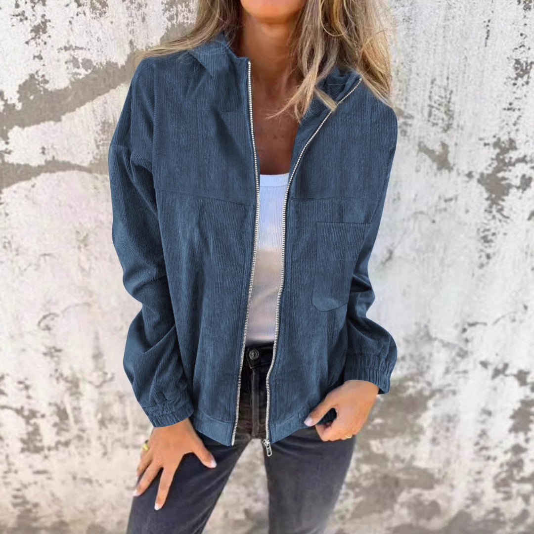 Damen Casual Cord-Hoodiejacke mit feiner Kordsamtstruktur, durchgehendem Reißverschluss und elastischem Saum – Célinea