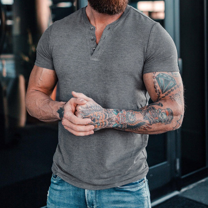 Herren Kurzarm-Henley-T-Shirt mit modischem Kragen und praktischem Knopfdesign Echoarchiv
