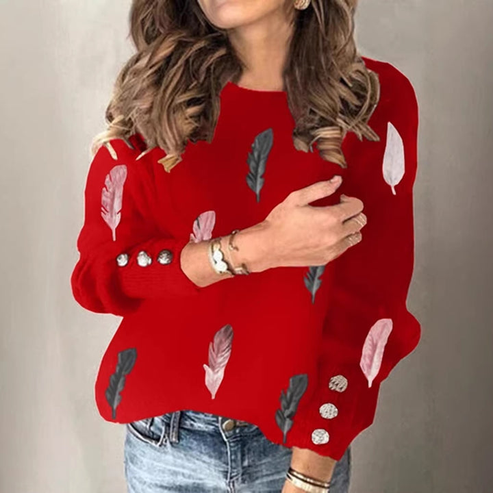 Damen Feinstrickpullover mit Federmotiv, Rundhalsausschnitt und dekorativer Knopfleiste Echoarchiv