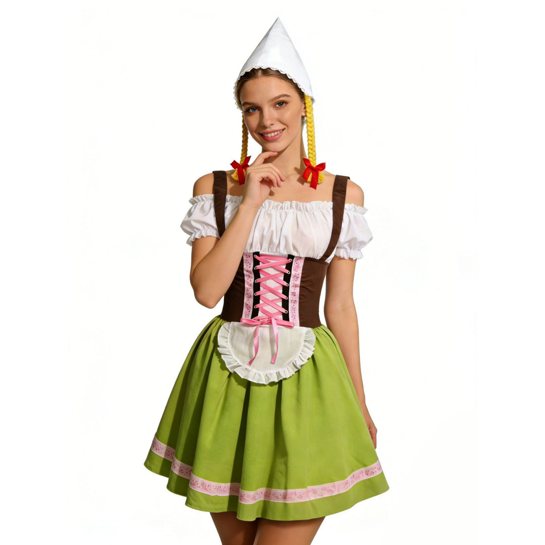 Damen nan traditionelles Oktoberfest Dirndl Kostüm mit Schnürkorsett, Schürze und Zipfelmütze Echo Archiv