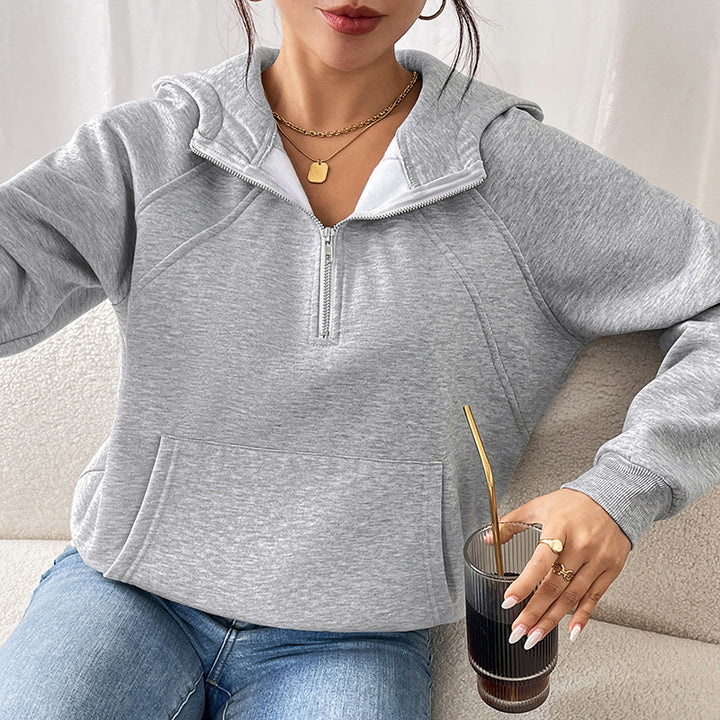 Damen Kurzgeschnittener Kapuzenpullover mit halbem Reißverschluss, Teddy-Futter und Kängurutasche Echoarchiv