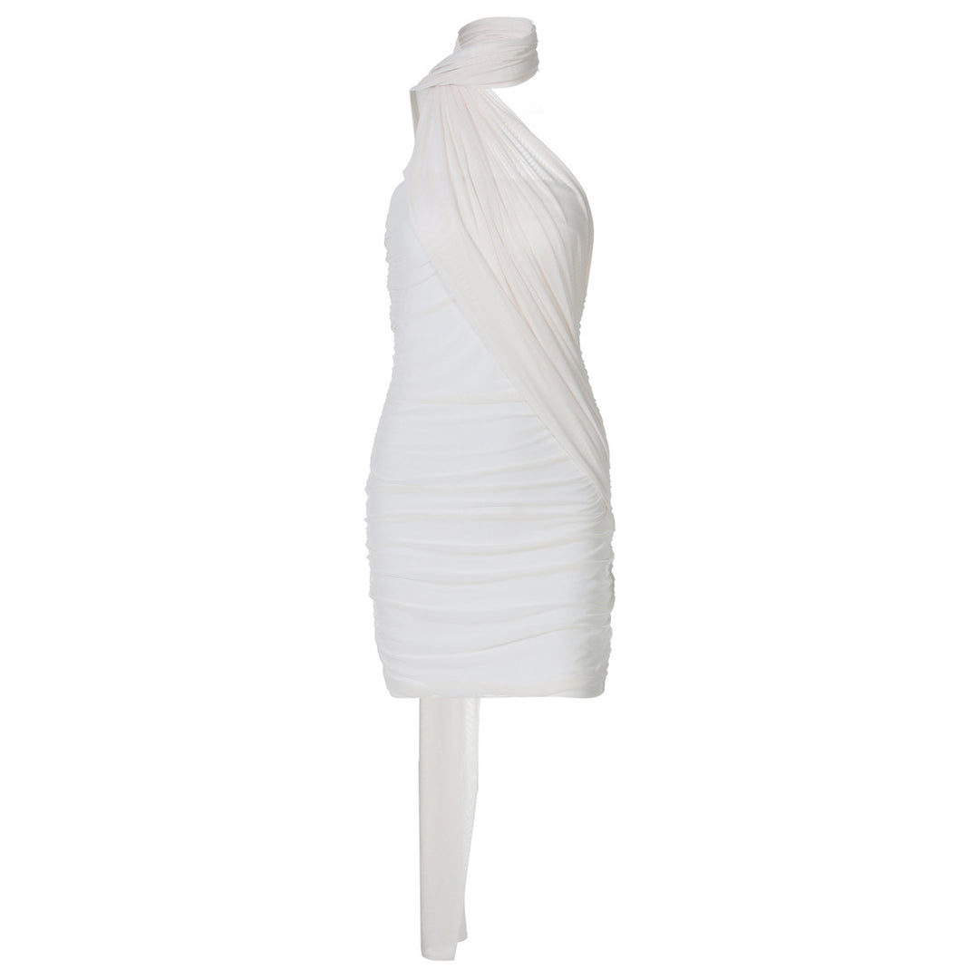Damen elegantes Minikleid aus leichtem, drapiertem Stoff mit asymmetrischem Ausschnitt Echo Archiv