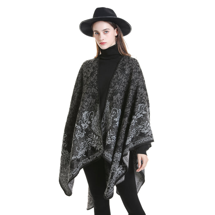Damen Jacquard-Poncho mit orientalischem Muster und offener Vorderseite – Avérine