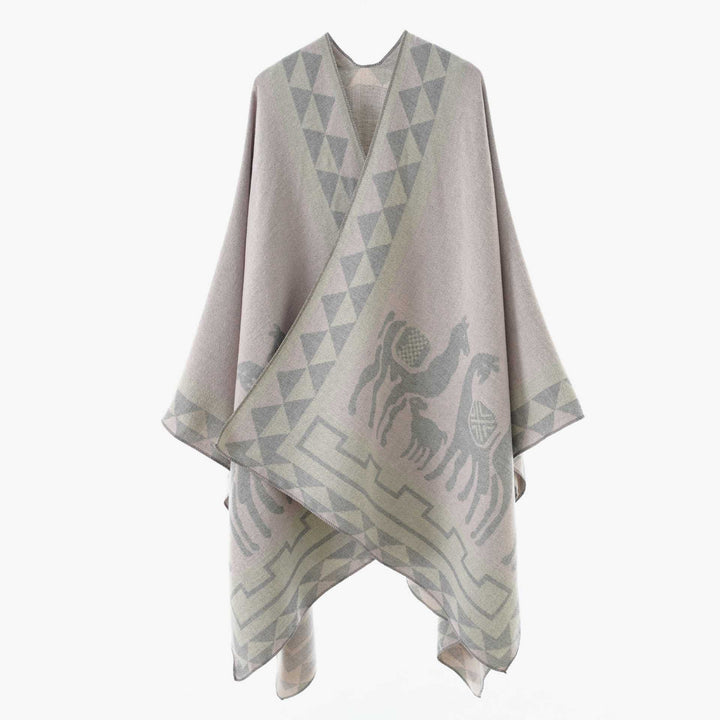 Damen Wolloptik-Poncho im Überwurfstil mit grafischem Reiter-Jacquard – Avérine