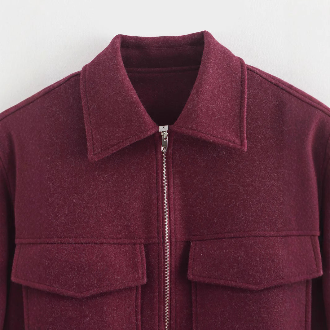 Damen kastige Kurzjacke aus Wollmix mit durchgehendem Reißverschluss, Hemdkragen und großen aufgesetzten Klappentaschen – Célinea