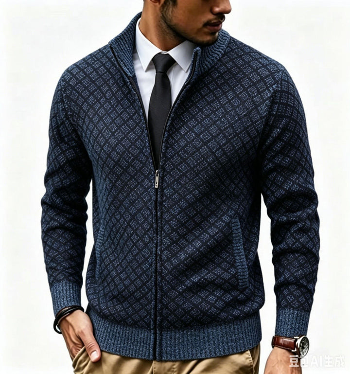 Herren Strukturierte Strickjacke mit Stehkragen und Diamant-Jacquard Echo Archiv
