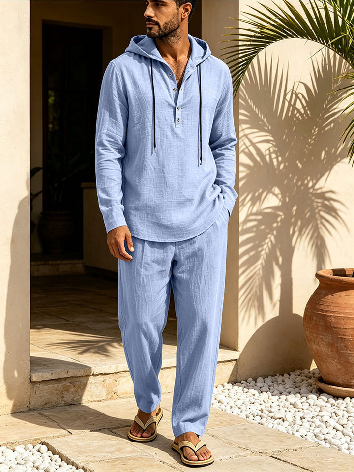 Herren Lässiges Leinen-Look Freizeit-Set mit Kapuzenhemd und weiten Hosen Echoarchiv