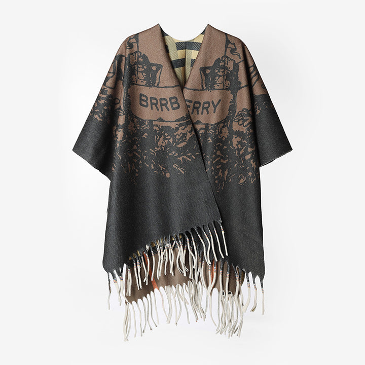 Damen Fransen‑Capeponcho aus Wollmischung mit Jacquard‑Logomotiv und offenem Oversize‑Fall Echo Archiv