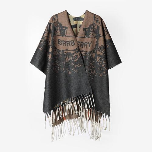 Damen Oversize-Capeponcho im Rechteckschnitt mit Fransensaum und zweilagigem Jacquard-Innenfutter – Avérine