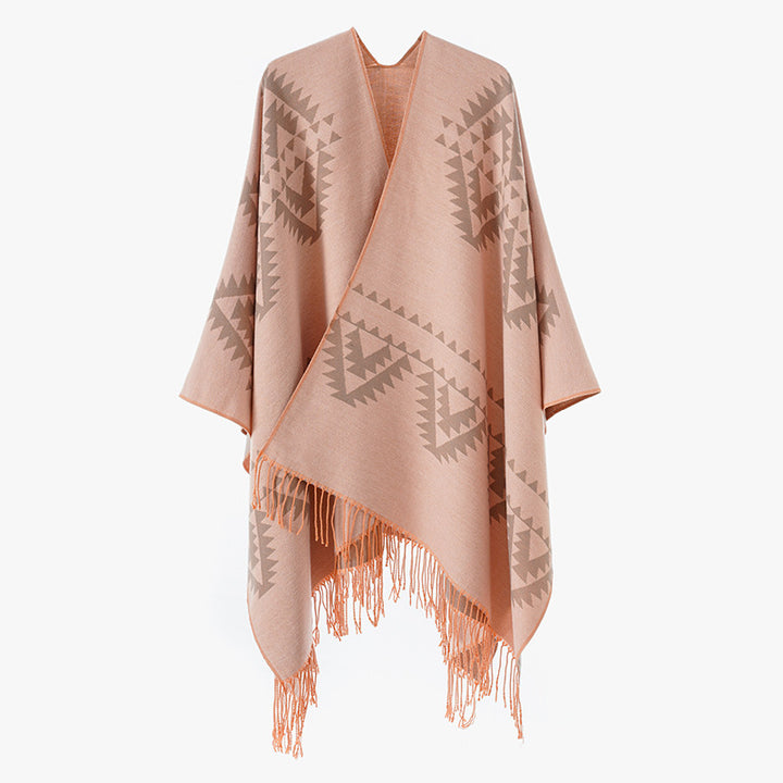 Damen Grobgewebter Jacquard-Umhang im Oversize mit Zipfelsaum und Fransensaum Echo Archiv