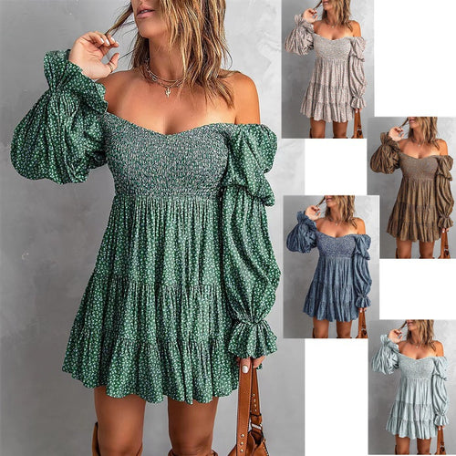 Damen Off-Shoulder Minikleid mit Smok-Oberteil, Volantstufen und gerafften Ballonärmeln – Élara