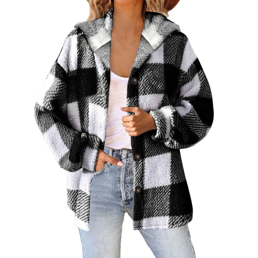 Damen nan kuschelige karierte Teddyjacke mit Kapuze, Knopfverschluss und oversized Schnitt Echo Archiv