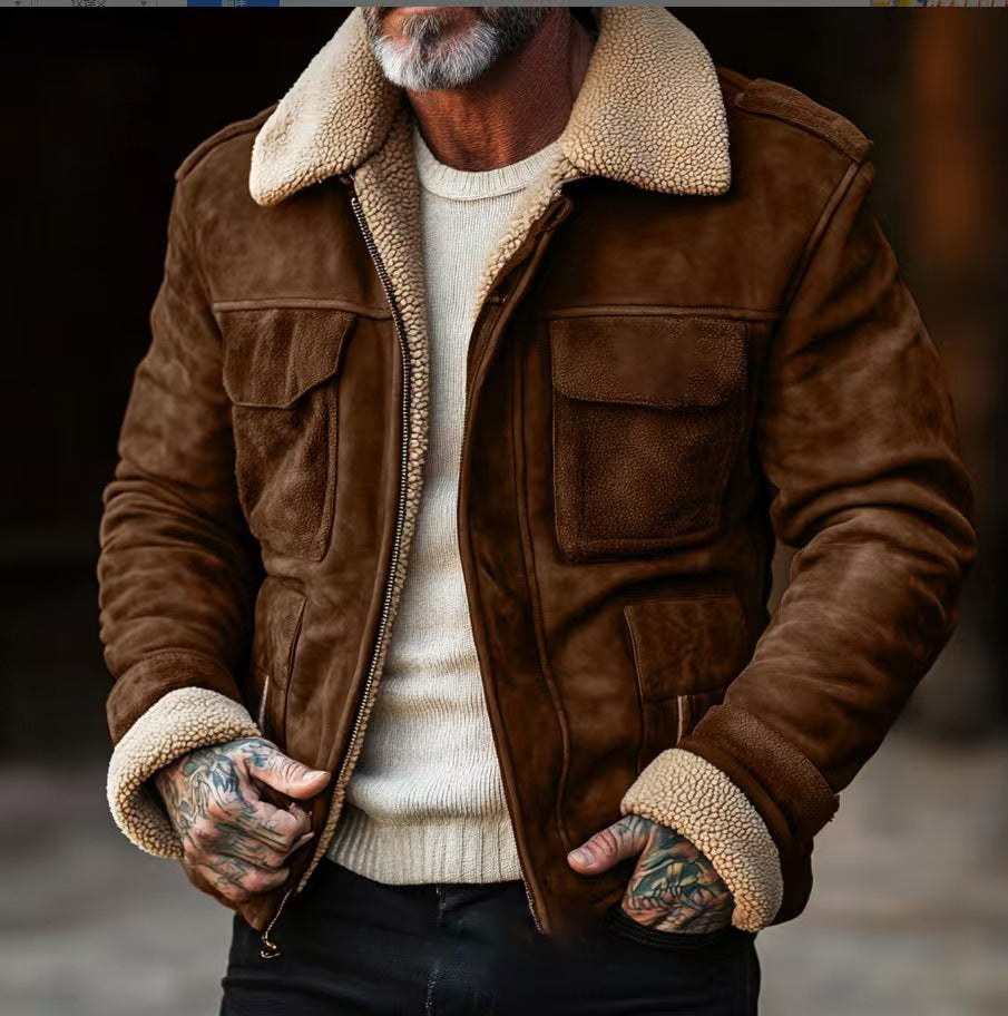 Herren Fliegerjacke aus Veloursleder mit Teddyfutter und aufgesetzten Pattentaschen Echoarchiv