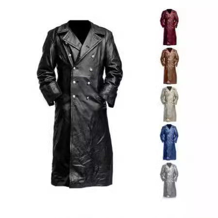Herren Eleganter Leder-Trenchcoat mit doppelter Knopfreihe und modernem Schnitt Echoarchiv